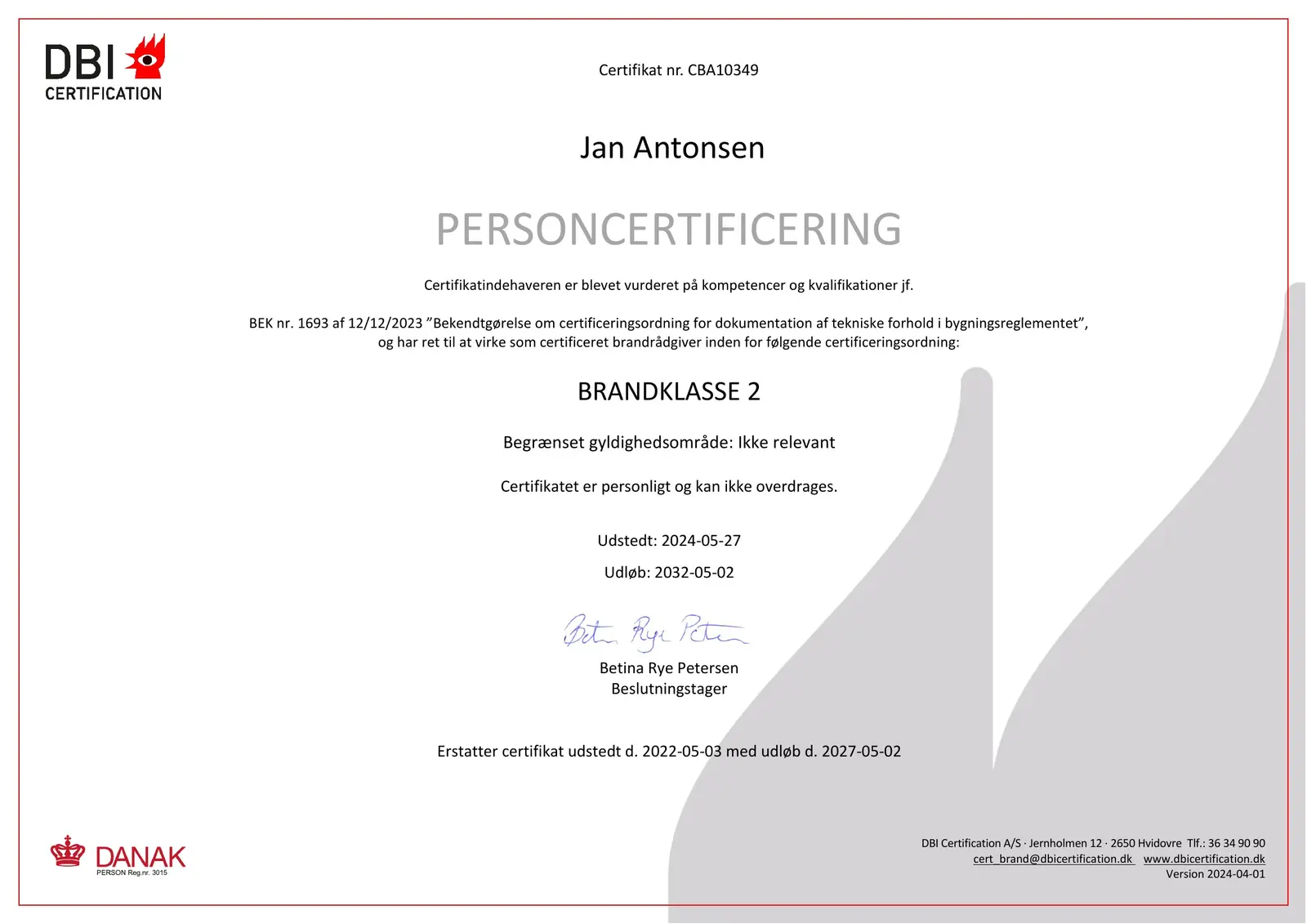DBI personcertifikat nr. CBA10349 for brandklasse 2, Jan Antonsen, udstedt 2024-05-27, udløb 2032-05-02