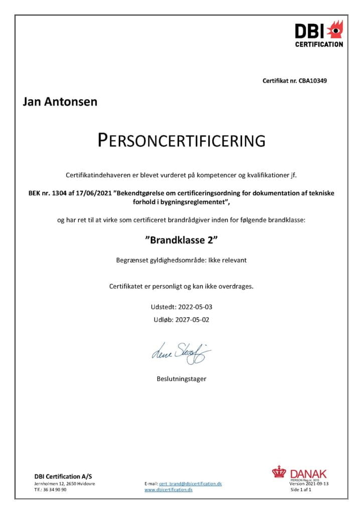 DBI personcertificering for brandklasse 2 dokument